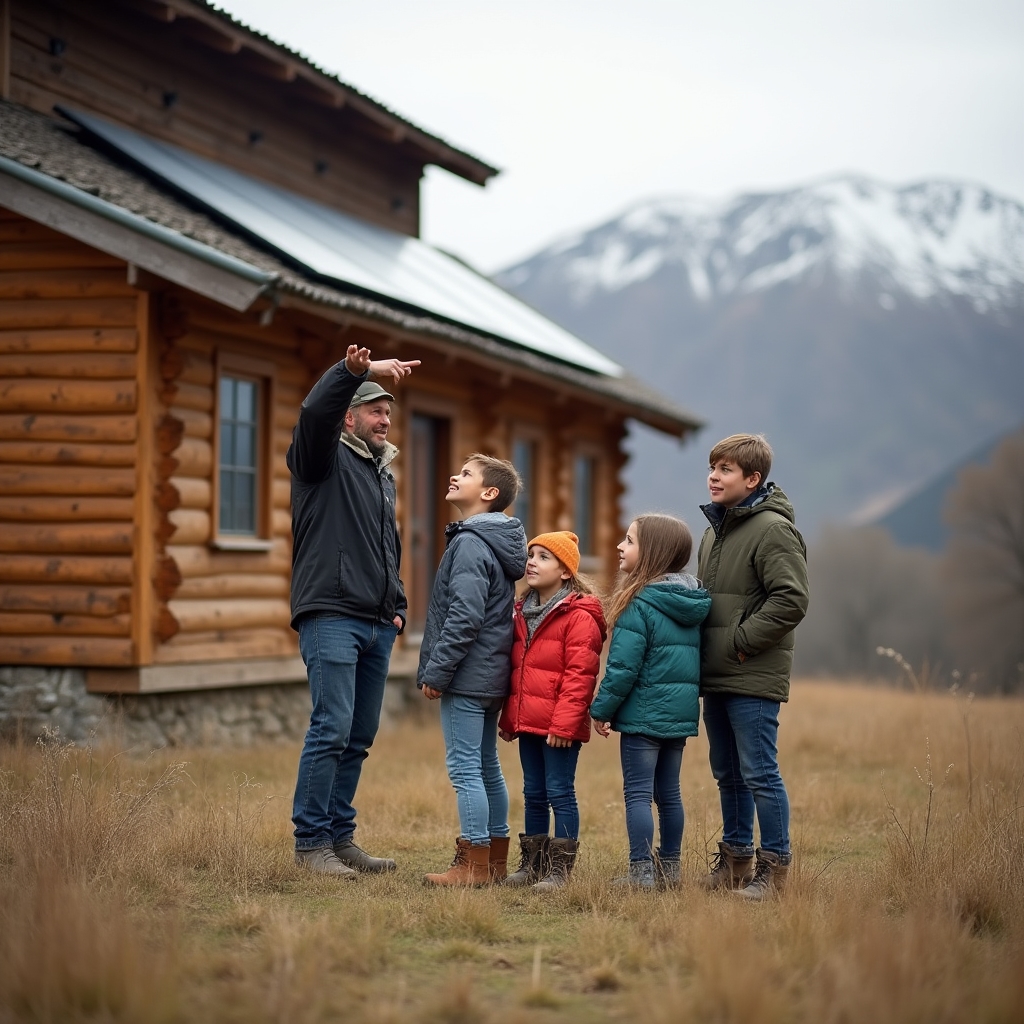 Familia en el patio de una vivienda patagónica con paneles solares visibles en el techo