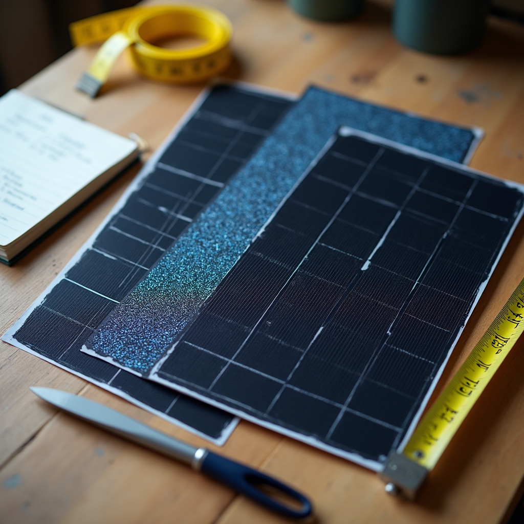 Comparación visual de distintos tipos de paneles solares fotovoltaicos sobre una mesa de trabajo